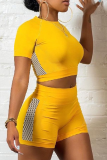Yellow Casual Solid Hollowed Out O Neck Short Sleeve Two Pieces
