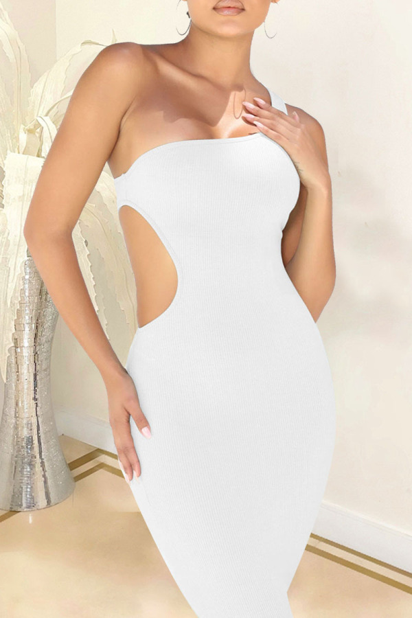 White Sexy Solid Hollowed Out Patchwork Oblique Collar Pencil Skirt Dresses