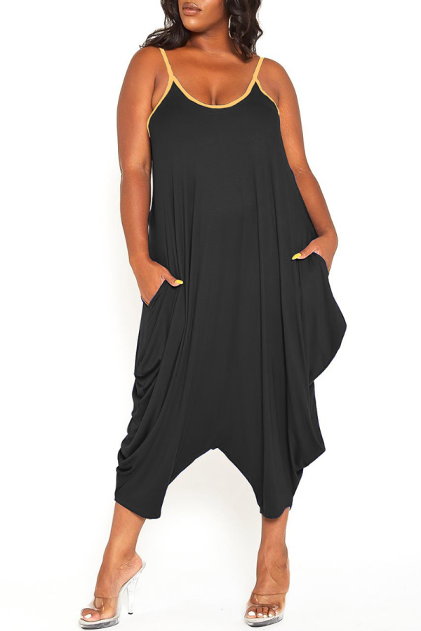 Black Casual Solid Patchwork Spaghetti Strap Plus Size Jumpsuits