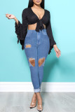 Blue Fashion Casual Solid Ripped Regular Jeans