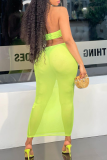 Fluorescent Green Sexy Solid See-through Mesh Halter Pencil Skirt Dresses