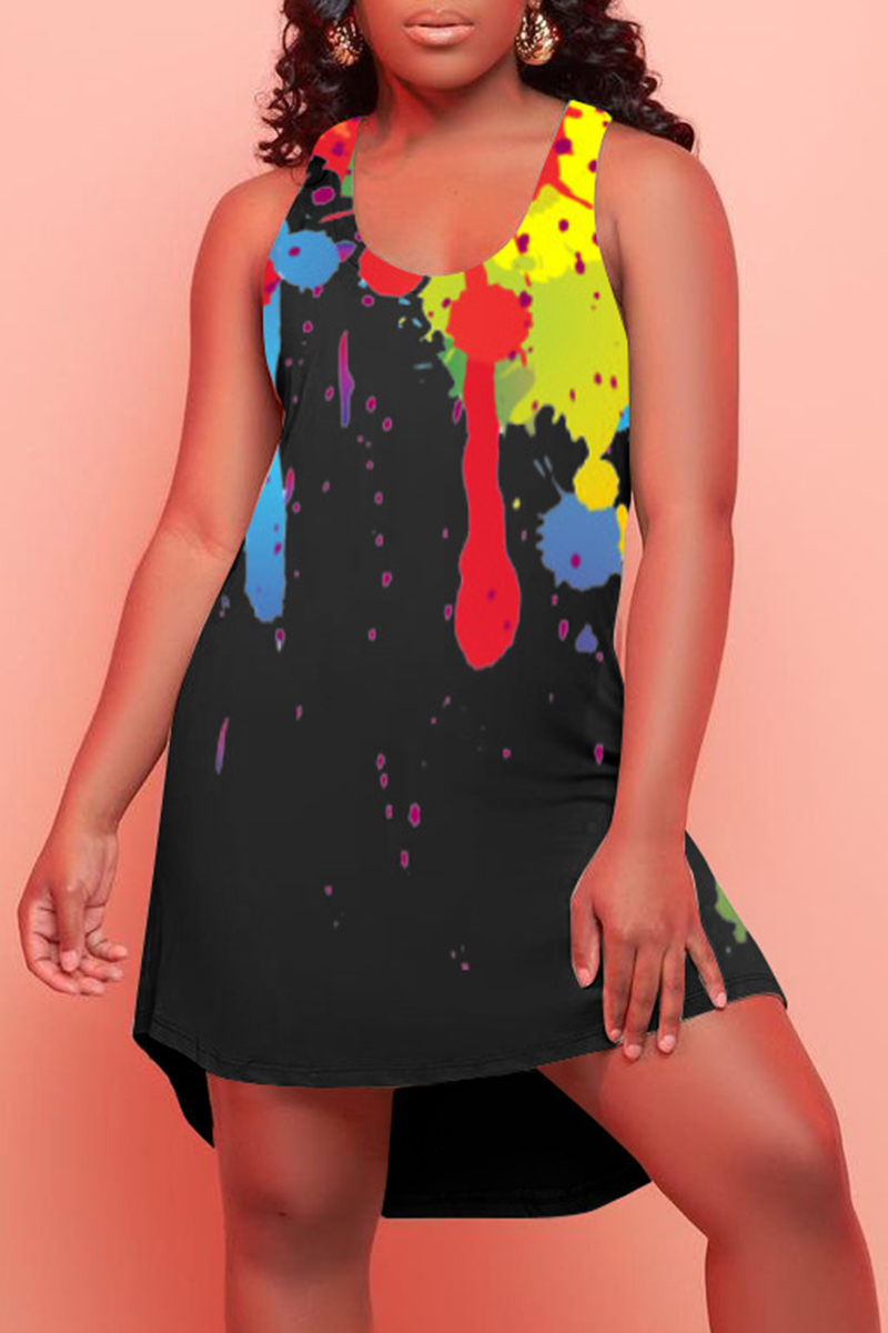 

Black Fashion Casual Print Asymmetrical U Neck Vest Dress
