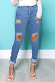 Blue Fashion Casual Solid Ripped Regular Jeans