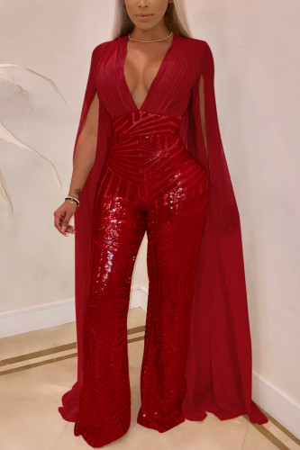 Red Long Sleeve Mid Patchwork Loose Jumpsuits