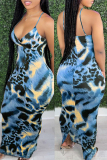 Leopard Print Fashion Sexy Print Backless V Neck Sling Dress
