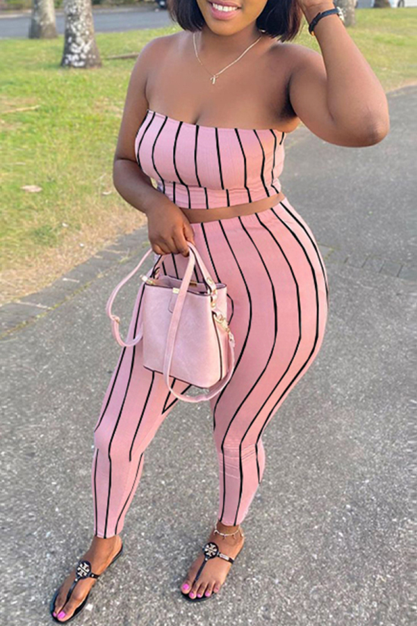 Pink Fashion Sexy Striped Print Backless Strapless Sleeveless Two Pieces
