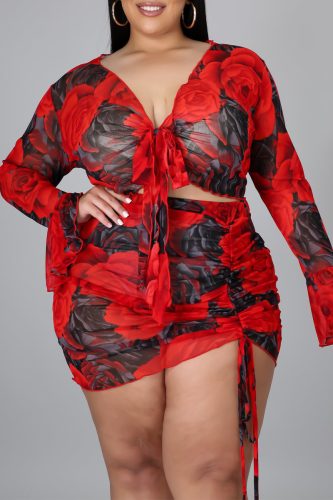 Red Casual Patchwork V Neck Plus Size Two Pieces