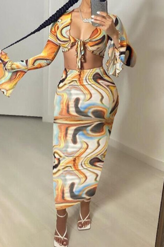Yellow Fashion Sexy Print Bandage V Neck Long Sleeve Two Pieces
