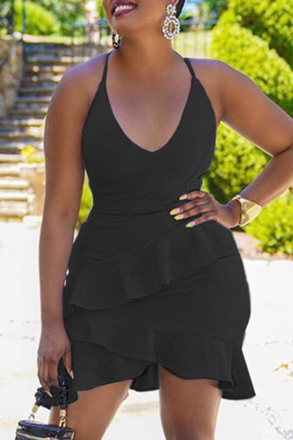 Black Fashion Sexy Solid Backless Spaghetti Strap Sleeveless Dress