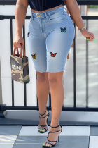 Light Blue Casual Butterfly Print Patchwork Plus Size Jeans