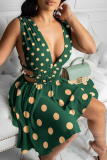 Green Sexy Dot Hollowed Out Split Joint Cake Skirt Dresses