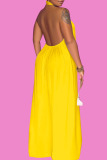 Yellow Casual Solid Patchwork Backless Halter Loose Jumpsuits