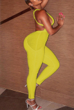 Yellow Fashion Sexy Solid Hollowed Out Backless V Neck Skinny Jumpsuits