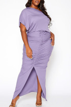 Purple Casual Solid Split Joint Slit Fold O Neck Short Sleeve Dress Plus Size Two Pieces