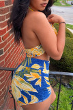 Yellow Blue Sexy Print Split Joint Strapless Sleeveless Two Pieces