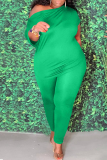 Green Fashion Casual Solid Basic Oblique Collar Plus Size Two Pieces