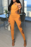 Yellow Fashion Sexy Solid Hollowed Out Spaghetti Strap Skinny Jumpsuits