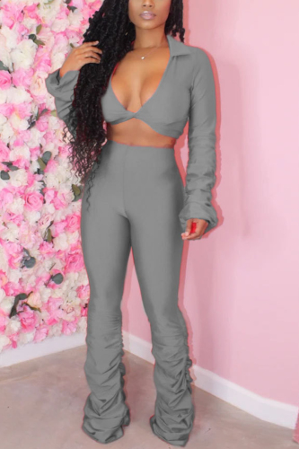 Grey Fashion Long Sleeve V-neck Top Slim Set