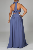 Blue Sexy Solid Mesh Halter Sleeveless Two Pieces