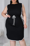 Black Casual Solid Split Joint O Neck Straight Plus Size Dresses
