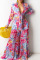 Red British Style Print Bandage Patchwork V Neck Long Sleeve Two Pieces