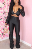 Black Fashion Long Sleeve V-neck Top Slim Set