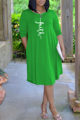 Green Fashion Casual Print Basic O Neck Long Sleeve Dresses