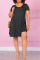 Black Street Solid Patchwork Slit O Neck Short Sleeve Two Pieces