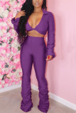 Purple Fashion Long Sleeve V-neck Top Slim Set
