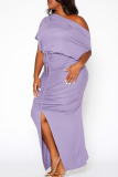 Purple Casual Solid Patchwork Slit Fold O Neck Short Sleeve Dress Plus Size Two Pieces