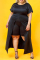 Black Fashion Casual Solid Slit O Neck Plus Size Two Pieces