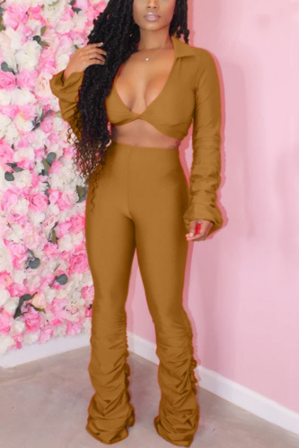 Gold Fashion Long Sleeve V-neck Top Slim Set