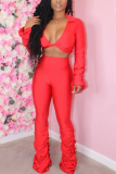Red Fashion Long Sleeve V-neck Top Slim Set