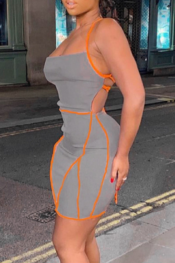 Grey Sexy Solid Patchwork Backless Spaghetti Strap Sling Dress Dresses