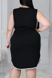 Black Casual Solid Split Joint O Neck Straight Plus Size Dresses