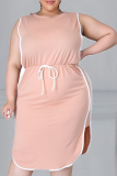 Pink Casual Solid Split Joint O Neck Straight Plus Size Dresses