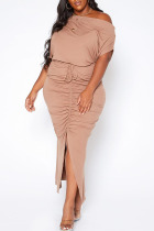 Apricot Casual Solid Split Joint Slit Fold O Neck Short Sleeve Dress Plus Size Two Pieces