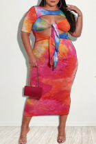 Red Sexy Patchwork Hollowed Out Tie-dye O Neck Pencil Skirt Plus Size Dresses