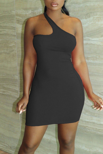 Black Sexy Solid Patchwork Asymmetrical Collar Pencil Skirt Dresses