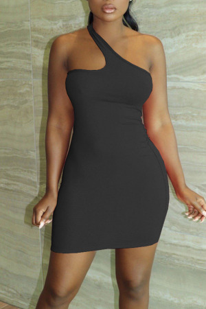 Black Sexy Solid Split Joint Asymmetrical Collar Pencil Skirt Dresses