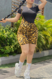 Yellow Fashion Casual Print Leopard Basic O Neck Short Sleeve Two Pieces