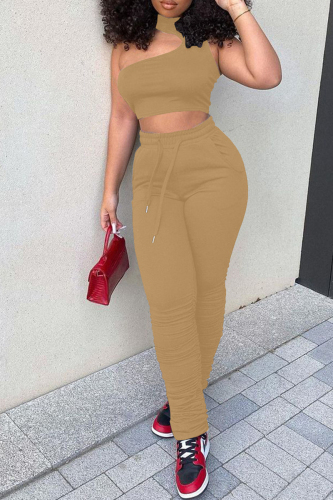 Khaki Fashion Sexy Solid Hollowed Out Turtleneck Sleeveless Two Pieces