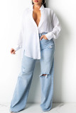 White Fashion Casual Solid Cardigan Turndown Collar Tops