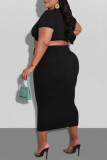 Black Fashion Casual Solid Basic V Neck Plus Size Two Pieces