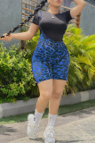 Blue Fashion Casual Print Leopard Basic O Neck Short Sleeve Two Pieces