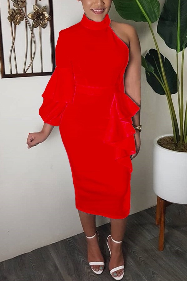 Red Fashion Sexy Stitching One-shoulder Dress