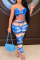 Royal Blue Sexy Print Hollowed Out Patchwork Frenulum Spaghetti Strap Skinny Jumpsuits