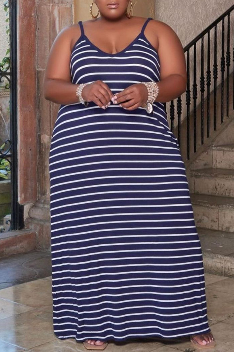 

Deep Blue Sexy Casual Striped Print Basic Spaghetti Strap Long Dress Plus Size Dresses