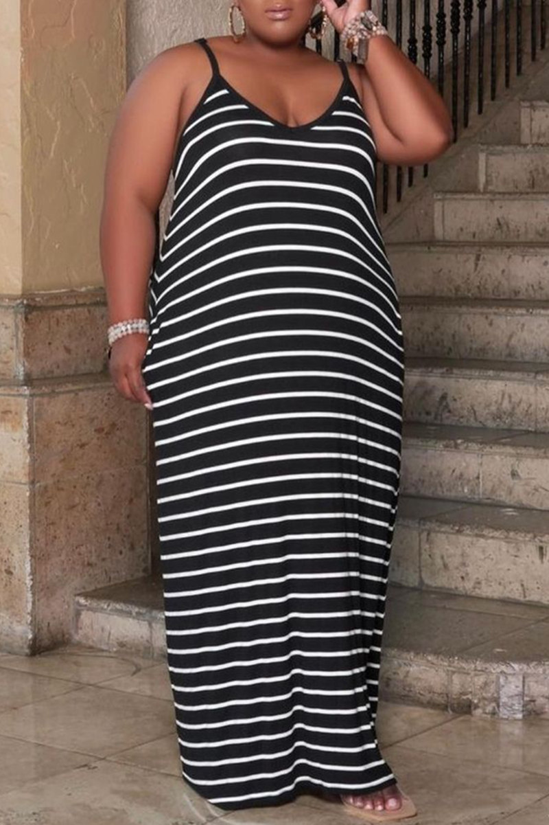 Wholesale Black Sexy Casual Striped Print Basic Spaghetti Strap Long Dress Plus Size Dresses 9858