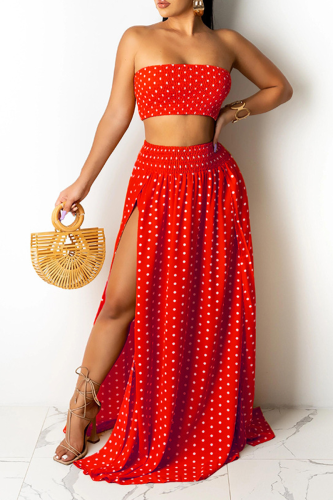 Red Sexy Dot High Opening Strapless Sleeveless Two Pieces